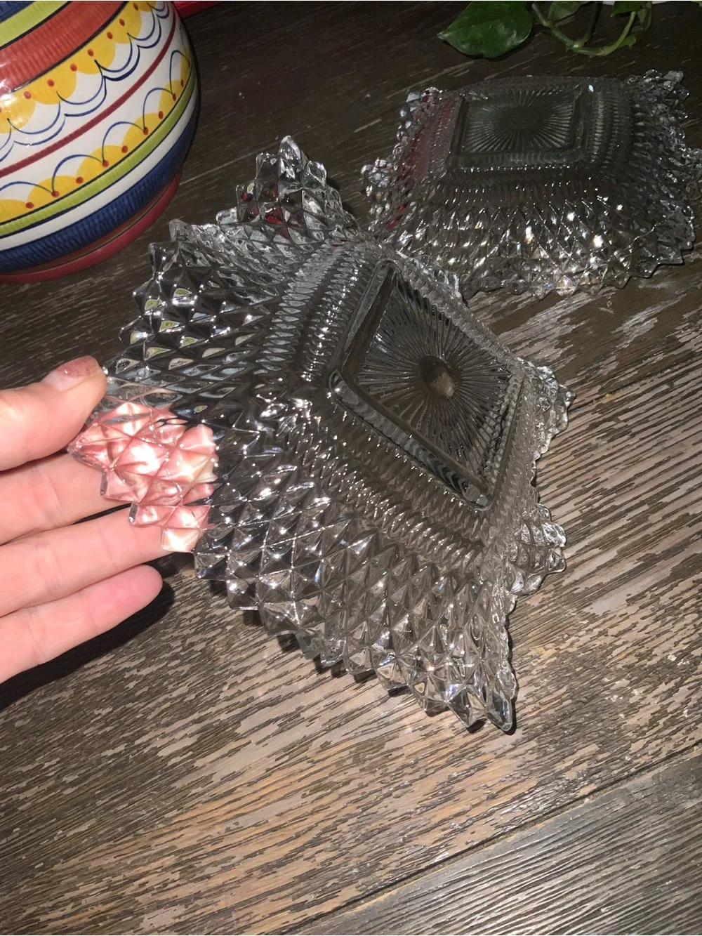 Vintage Indiana Glass Diamond Point Wavy Salad Dish - Set of 4 - 6.75”
